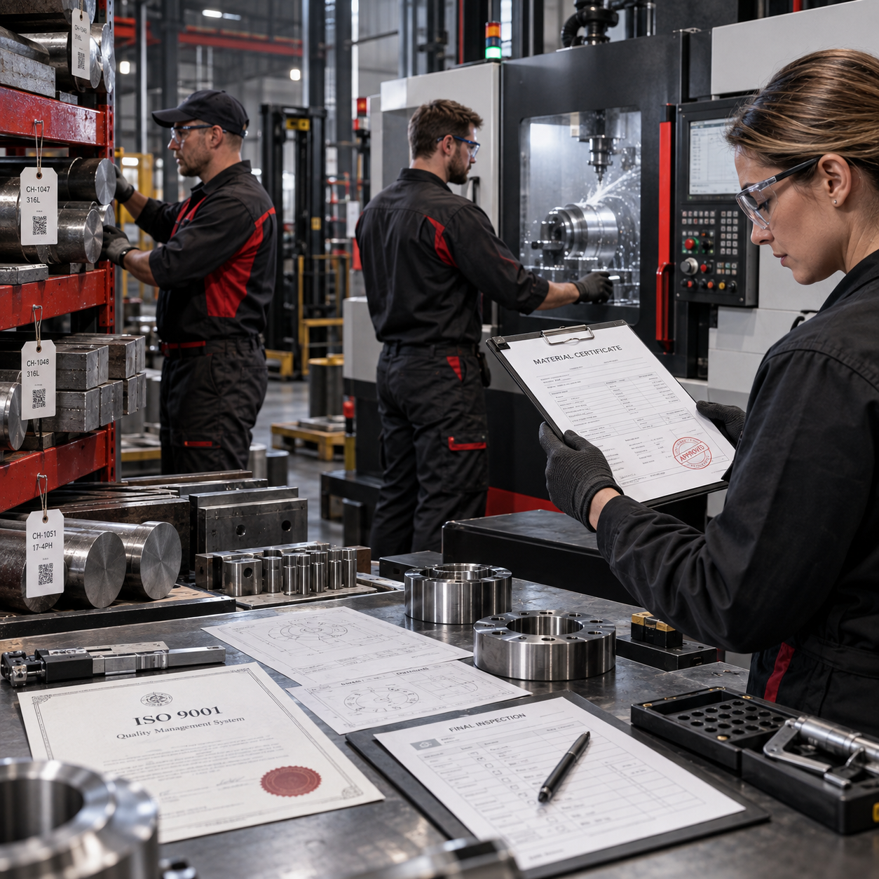 Certificado de material, piezas mecanizadas y control de calidad ISO 9001