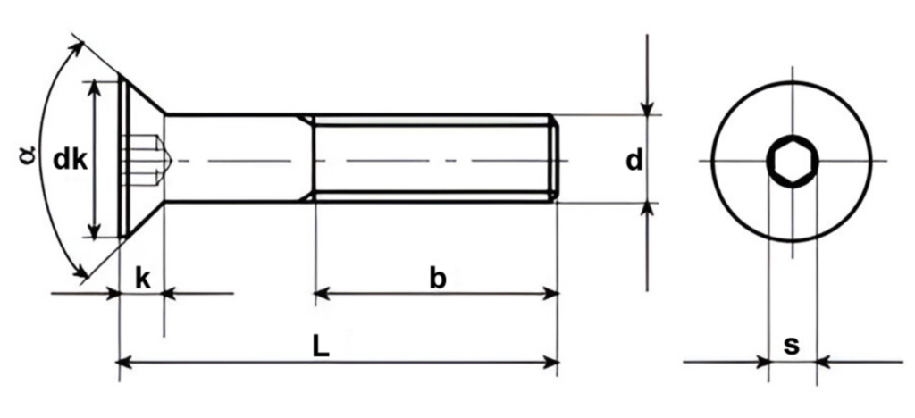 diagrama del tornillo avellanado hexágono interior ISO 10642
