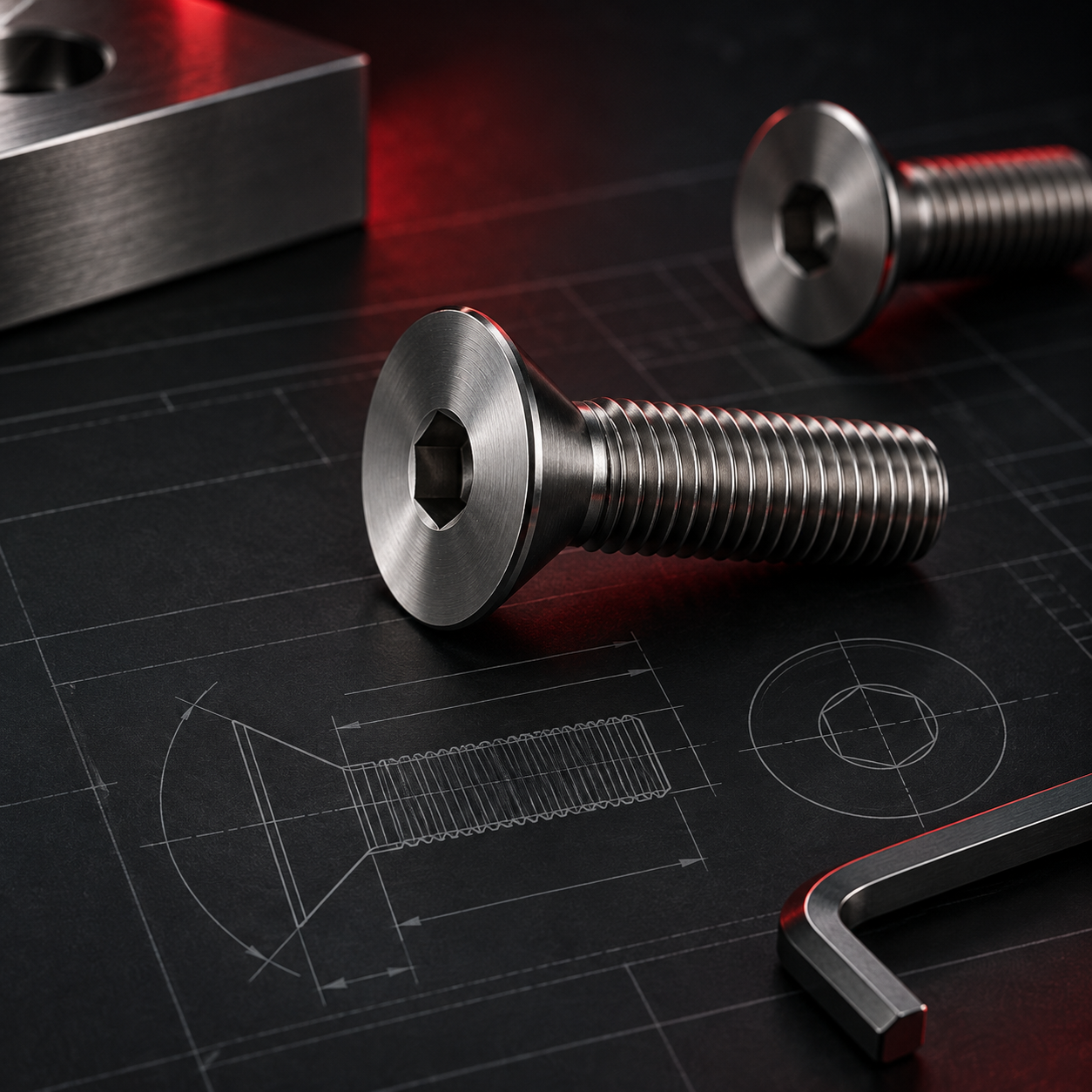 Tornillo Allen ISO 10642 de cabeza avellanada sobre plano técnico
