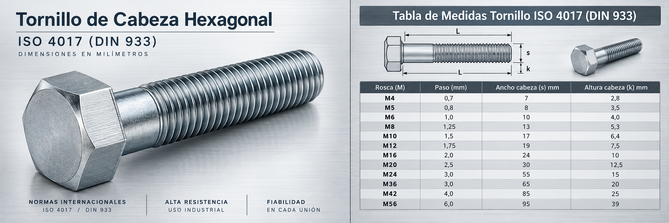 Infografía técnica del tornillo hexagonal ISO 4017 DIN 933 con tabla de medidas