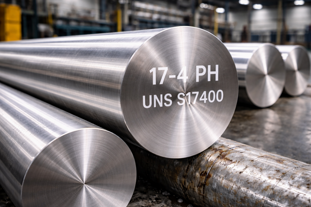 Barra maciza de acero inoxidable 17-4 PH (UNS S17400) en entorno industrial, material de alta resistencia mecánica endurecible por precipitación.