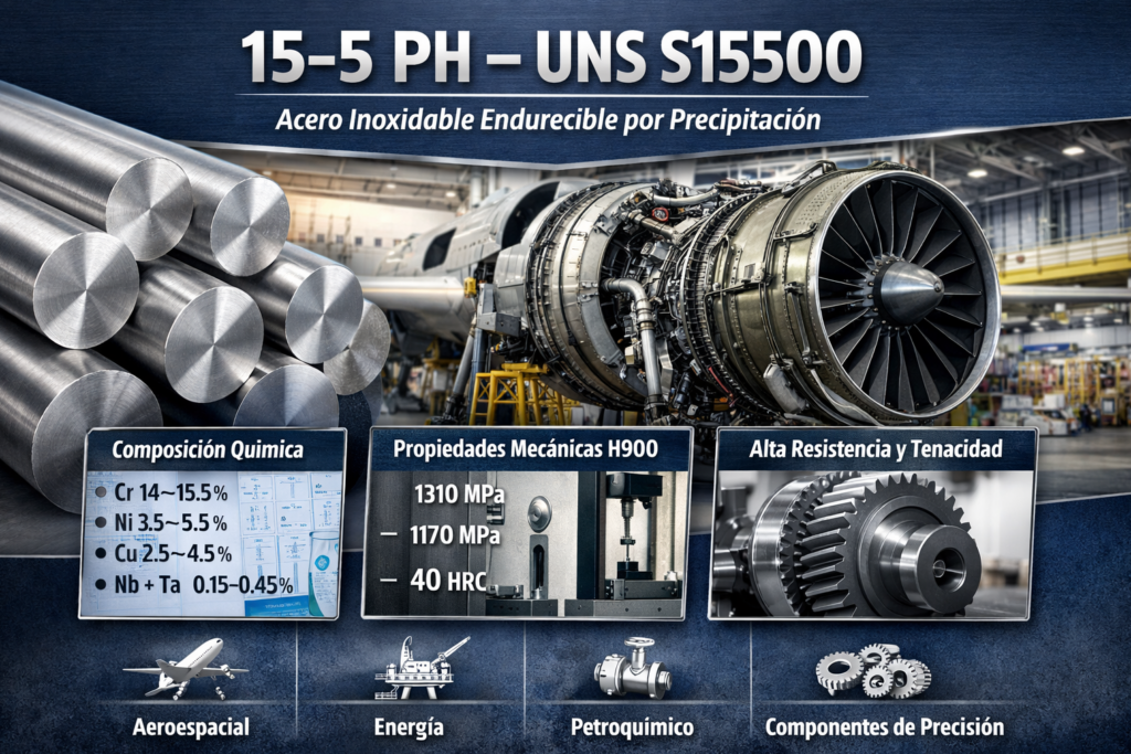 Barras de acero inoxidable 15-5 PH UNS S15500 junto a componentes aeroespaciales y engranajes industriales representando su alta resistencia mecánica y aplicaciones técnicas.