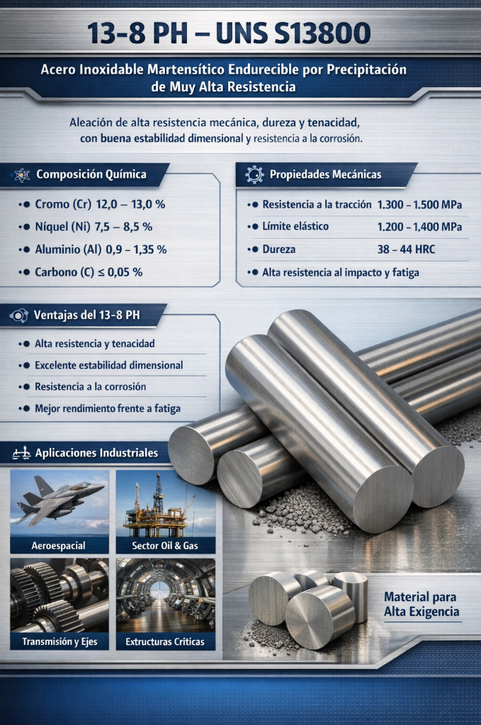 Infografía técnica del acero inoxidable 13-8 PH – UNS S13800 mostrando su composición química, propiedades mecánicas, ventajas industriales y aplicaciones en sectores como aeroespacial, oil & gas y componentes estructurales de alta exigencia. La imagen incluye barras macizas de acero inoxidable y un diseño técnico en tonos metálicos y azules.