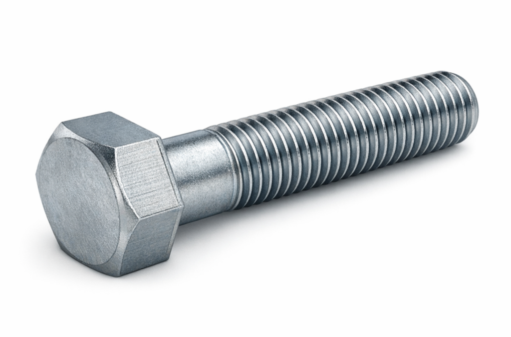 Tornillo hexagonal ISO 4017 (DIN 933) de rosca total, utilizado en aplicaciones industriales y de mecanizado.