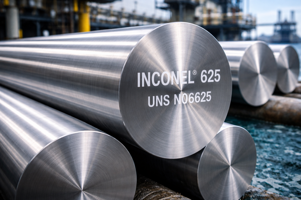 Barra maciza de INCONEL® 625 (UNS N06625) en entorno industrial, superaleación de níquel resistente a corrosión marina y ambientes químicos agresivos.