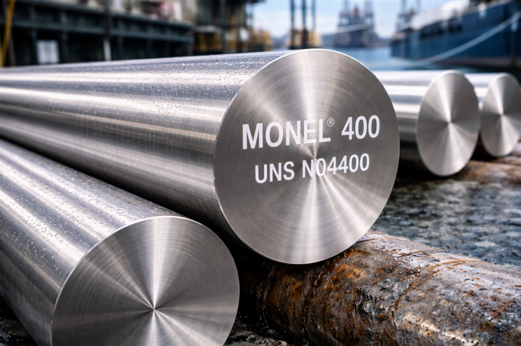 Barras macizas de MONEL® 400 (UNS N04400) en entorno portuario, aleación níquel-cobre resistente a la corrosión en agua de mar y aplicaciones offshore.