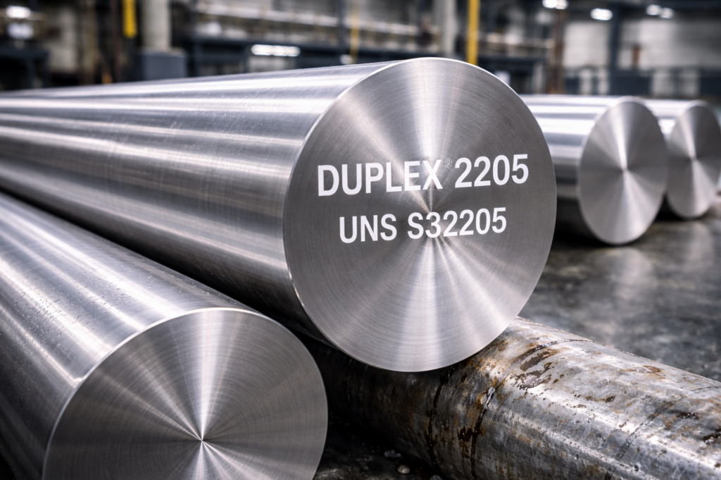 Barra maciza de acero inoxidable Duplex 2205 (UNS S32205) en entorno industrial, material de alta resistencia mecánica y excelente comportamiento frente a la corrosión por cloruros.