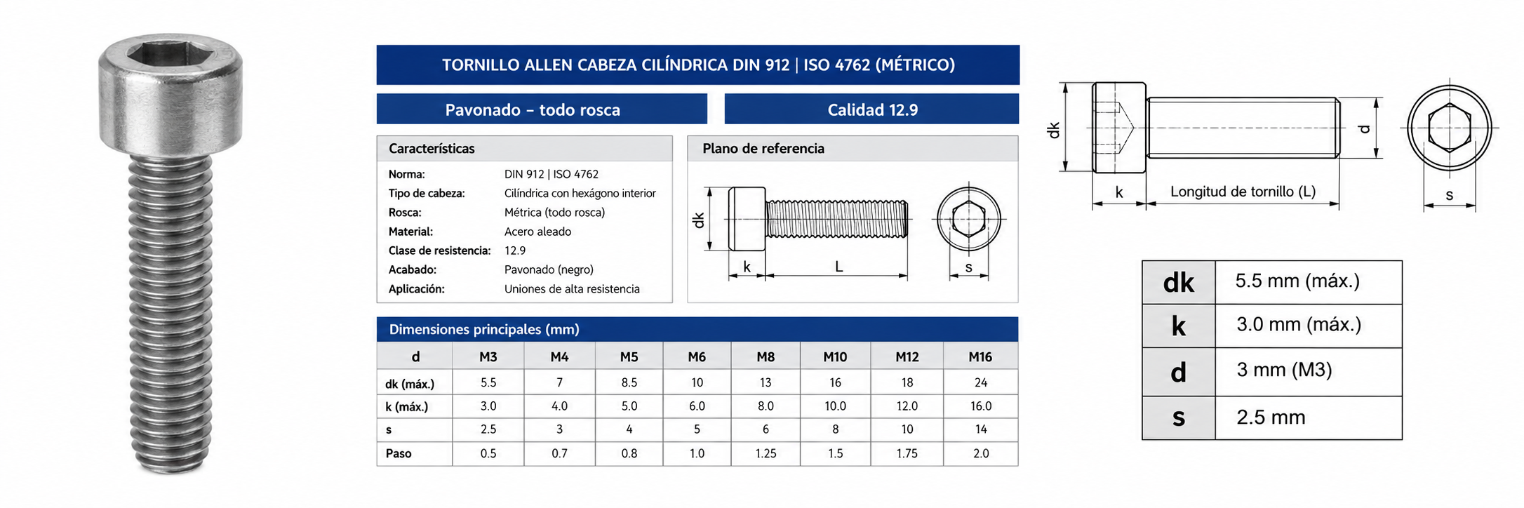 Ficha técnica de tornillo Allen DIN 912 ISO 4762 con dimensiones normalizadas